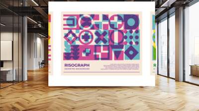 Trendy poster collection with riso print effect. Abstract geometric shapes pattern risograph style with grain texture. Wall mural