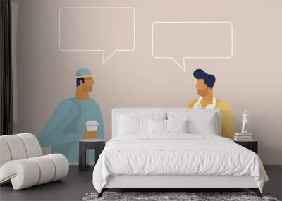 Two male character chatting with speech bubbles. People talk to each other. Design template for your banner, poster, card. Place for your text. Vector illustration in flat design style, isolated Wall mural