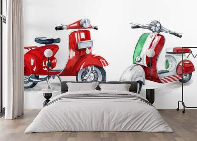 Two scooters, red scooter, scooter with Italian flag, watercolor illustration Wall mural