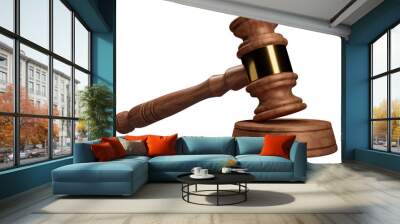 a wooden gavel with a gold clip for the auction on a stand. Isolated on white. 3d render Wall mural