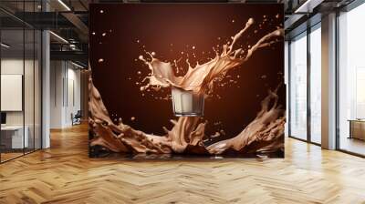 Cappuccino milk splash from a glass on a dark background Wall mural