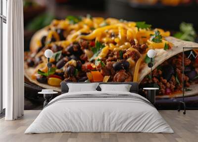 Cinematic close-up of a burrito topped with ground beef, black beans, and cheese at a unique Mexican restaurant Wall mural