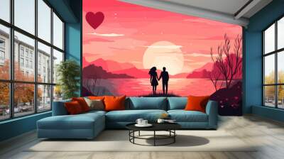 couple in love at sunset on the background of the landscape. vector illustration Wall mural