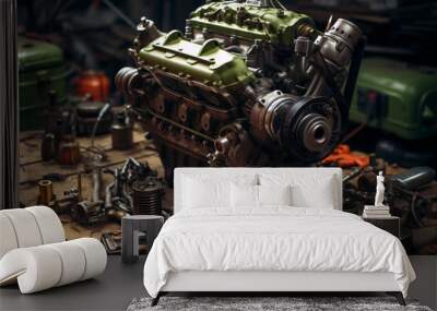 disassembled engine and spare parts on the table in the garage. AI Generated. Wall mural