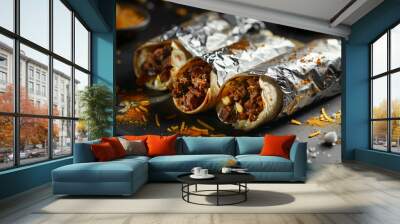 Three golden burritos wrapped in silver foil on a rustic wooden table, illuminated by soft light with scattered debris nearby Wall mural