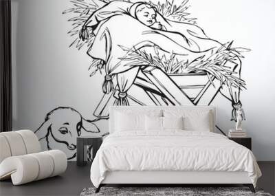 Vector drawing. Baby in a manger Wall mural