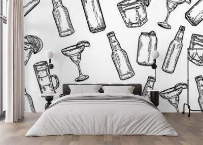 Vector hand drawn seamless pattern of alcohol drinks isolated on white. Wall mural