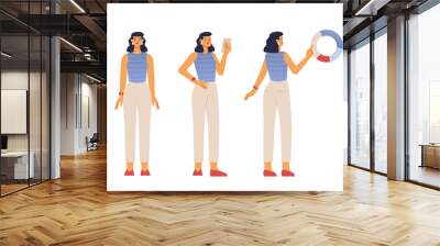 Vector illustration of a female character. Poses front, side, back. A woman in a casual outfit is standing. Flat design, isolated on white background.  Wall mural