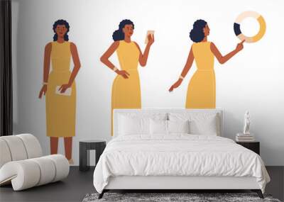 Vector illustration of a female character. Poses front, side, back. A woman in a dress is standing. Flat design, isolated on white background. Wall mural