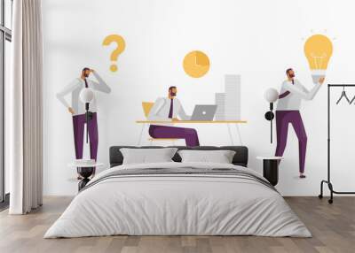 Vector illustration with business concept in flat design. A young man thinks, hard work, finds an idea, solves a problem. Office worker in confusion, works at the table, holds the lamp in his hand. Wall mural