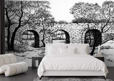 Vector landscape. Old stone bridge in the park Wall mural