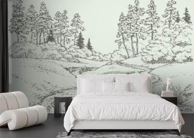 Vector landscape. Wooden bridge over the forest creek Wall mural