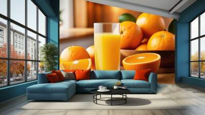 Glass of orange fresh juice and slices of orange fruit on wooden kitchen table. Healthy smoothie breakfast Wall mural