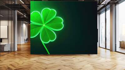 Neon shining four-leaf shamrock banner on Saint Patrick day with copy space on dark green background. Wall mural