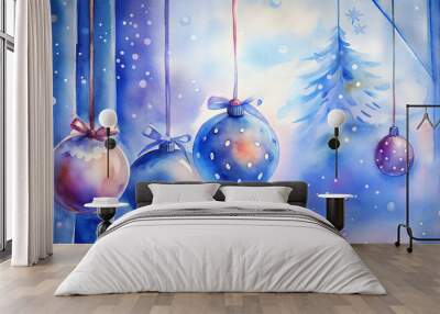 Watercolor Christmas ornaments hanging against a snowy blue background with a decorative tree Wall mural