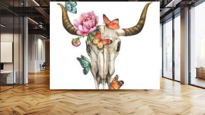 Watercolor illustration of a horned animal skull with pink peony flowers and colorful butterflies. Wall mural