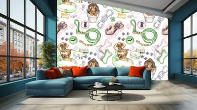 Watercolor illustration of a seamless pattern with a dachshund puppy, accessories for dogs, footprints in pink, green tones on a transparent background Wall mural