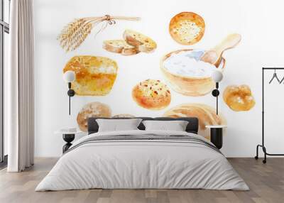 Watercolor illustration of wheat ears, various buns, bread and sour cream in a bowl . Isolated on white background Wall mural