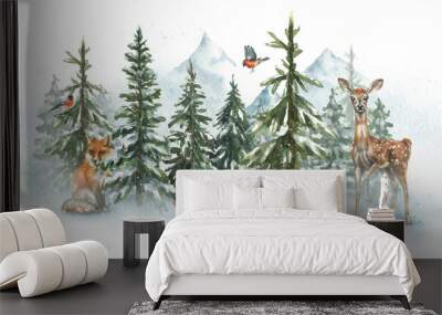 Watercolor illustration of winter forest and mountains. Landscape, forest trees, pines, mountains wild animals deer, squirrel, fox, bullfinch. Wild nature. Wall mural