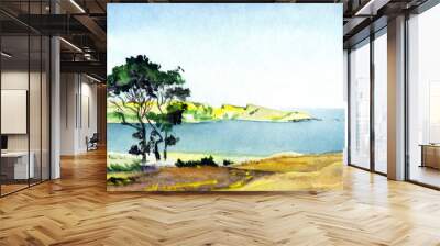 Watercolor landscape. Tree by the lake Wall mural