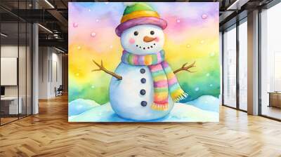 Watercolor Snowman with Striped Scarf and Winter Hat in a Colorful Snowy Scene Wall mural