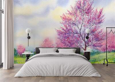 Watercolor spring landscape. Flowering tree in a field Wall mural