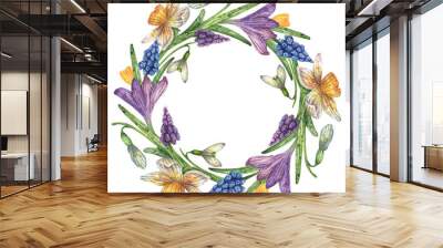 Watercolor wreath with bright colors. Spring round frame, template for your design. Wall mural