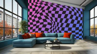 Wavy checkerboard background. Twisted psychedelic pattern. Chequered visual illusion Wall mural