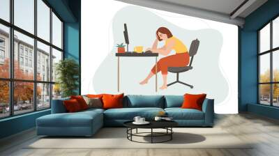 Young tired woman works at home at the table. Girl sitting on a chair barefoot. Colorful vector hand drawn illustration on abstract light blue cloud. Remote work and freelance concept. Wall mural