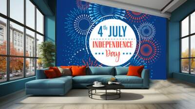 4th of july, american independence day celebration background with fireworks, banners, ribbons and c Wall mural