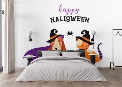 6306895 Happy Halloween - cats and dogs in monsters costumes, Halloween party. Vector illustration, banner, elements set Wall mural