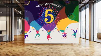 Anniversary celebration. Happy people dancing, playing music, celebrating. Vector illustration, banner, poster Wall mural