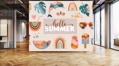 Bohemian Summer, modern summer illustrations and design of rainbow, flamingo, pineapple, ice cream and watermelon  Wall mural