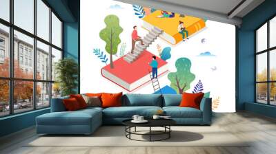 Book festival concept - a group of tiny people reading a huge open book. Vector illustration, poster and banner Wall mural