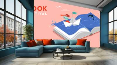 Book festival concept of a little girl sailing the boat and reading an open huge book. Fantasy and Imagination concept design. Vector illustration, poster and banner  Wall mural