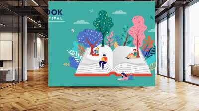 Book festival concept of a small people, kids reading an open huge book. Back to school, library concept design. Vector illustration, poster and banner Wall mural