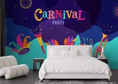 Carnival, party, Rio Carnaval, Purim background with confetti, music instruments, masks, clown hat and fireworks. Vector illustration Wall mural