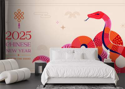 Chinese new year 2025 year of the Snake. Red Snake illustration and design. Red traditional Chinese vector designs with snakes. Lunar new year concept, geometric modern design Wall mural