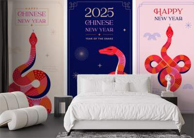 Chinese new year 2025 year of the Snake. Red Snake illustrations, vertical design, cards, banners. Red traditional Chinese vector designs with snakes. Lunar new year concept, geometric modern design Wall mural