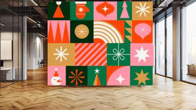 Christmas card and seamless pattern in modern minimalist geometric style. Merry Christmas colorful illustration in flat cartoon style. Xmas backgrounds with geometric patterns, stars Wall mural