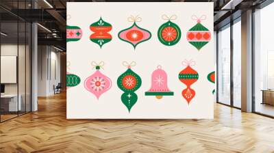 Christmas ornaments in modern minimalist geometric style. Merry Christmas colorful illustration in flat cartoon style. Xmas backgrounds with abstract patterns, stars Wall mural