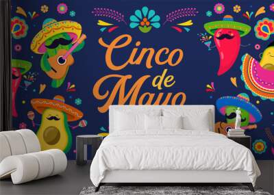 Cinco de Mayo - May 5, federal holiday in Mexico. Fun, cute characters as chilli pepper, avocado, cactus playing guitar, dancing and drinking tequila.  Wall mural