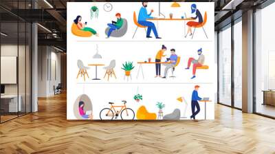 Co-working space, concept illustration. Young people working on laptops and computers on shared modern office workplace. Vector flat style illustration Wall mural