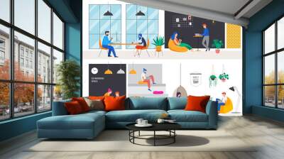 Co-working space, concept illustration. Young people working on laptops and computers on shared modern office workplace. Vector flat style illustration Wall mural