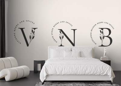 Collection of Botanical Minimalistic, Initial, Letter Feminine Logos with Organic Plant Elements Wall mural