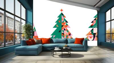 Collection of Christmas trees in modern minimalist geometric style. Colorful illustration in flat cartoon style. Xmas trees with geometrical patterns, stars and abstract elements Wall mural