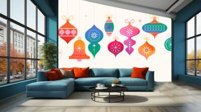 Collection of colorful Christmas decorations, balls, stars, ornaments. Symbols, elements isolated on white background Wall mural