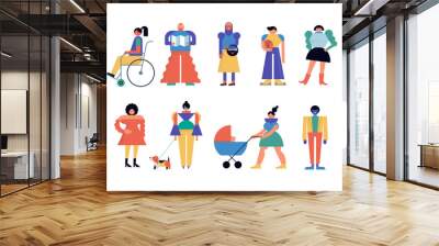 Collection of colorful people characters. Community, family or neighborhood standing together. Fun characters in geometric fun modern style. Colorful concept design. Wall mural