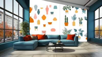 Collection of stickers and floral design elements, plants, rainbow and leaves, hand drawn in trendy doodle style. Colorful vector illustrations and prints Wall mural