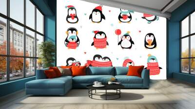 Cute hand drawn penguins collection, Merry Christmas greetings. Vector illustration Wall mural